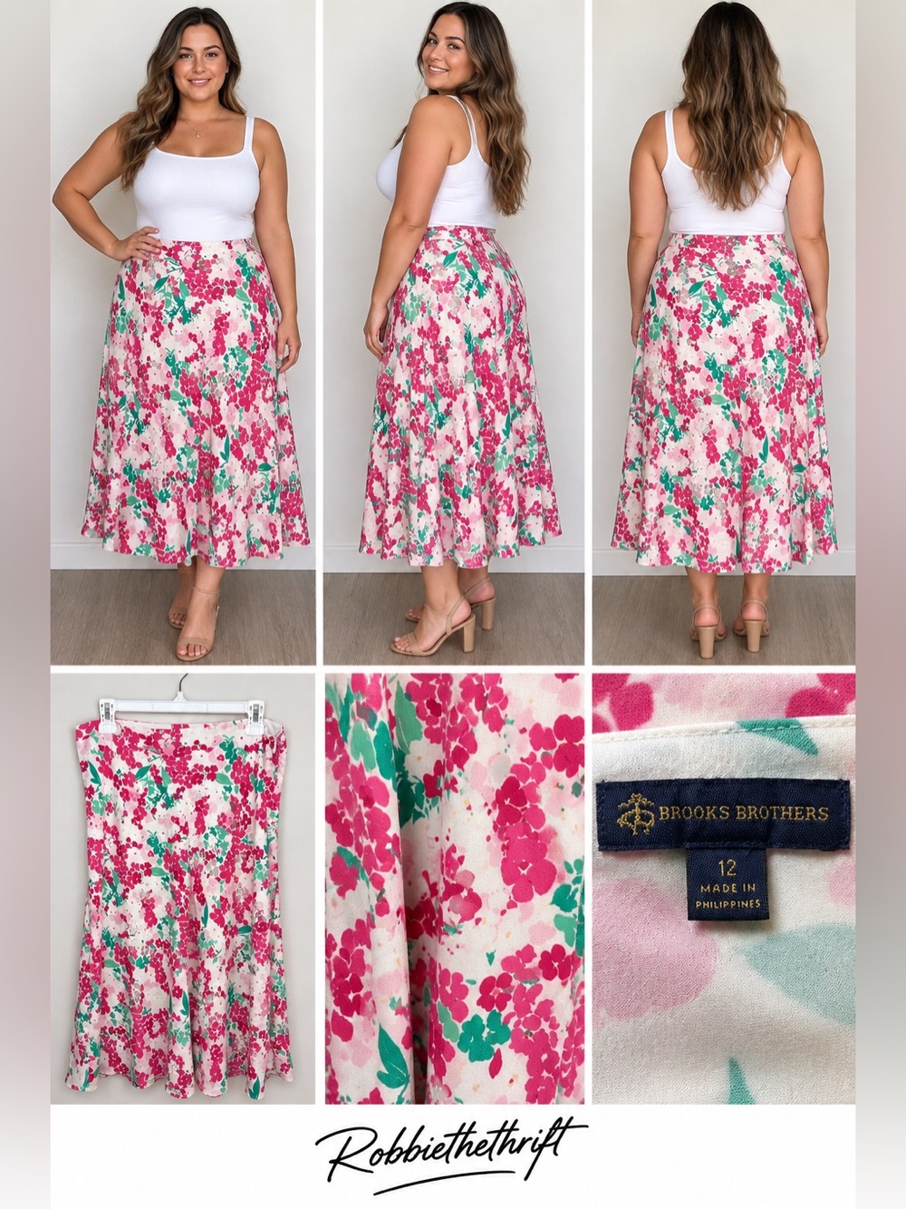 BROOKS BROTHERS Floral Botanical Midi Skirt Size 12 Pink Green